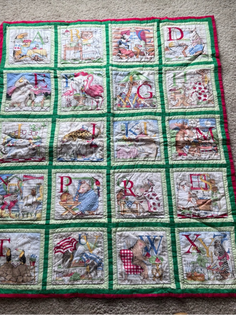 Handmade Hungry Animal Alphabet Baby Toddler Quilt Multicolor Cotton 37x31